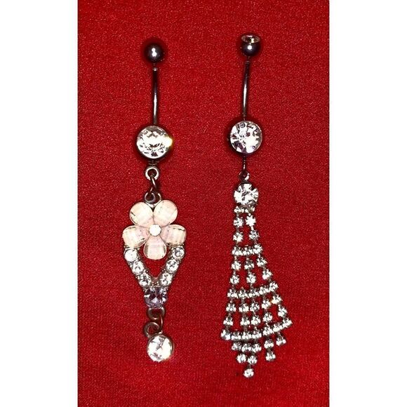 2 sexy dangle belly navel rings silver rhinestone! - Picture 1 of 2